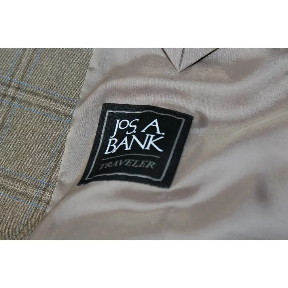 Jos A Banks Traveler Men 48L Blazer Wool Window Pane Gray Blueb Tailored Fit